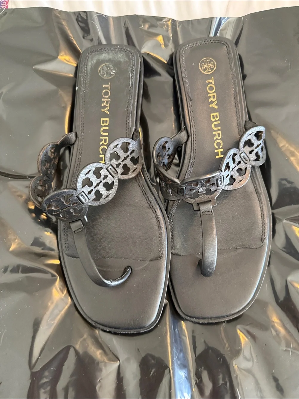 Tory Burch Black Leather Logo Thong Sandals